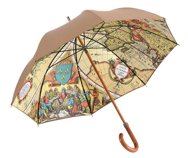 Luxury double-cloth umbrella Worldmap chestnut brown